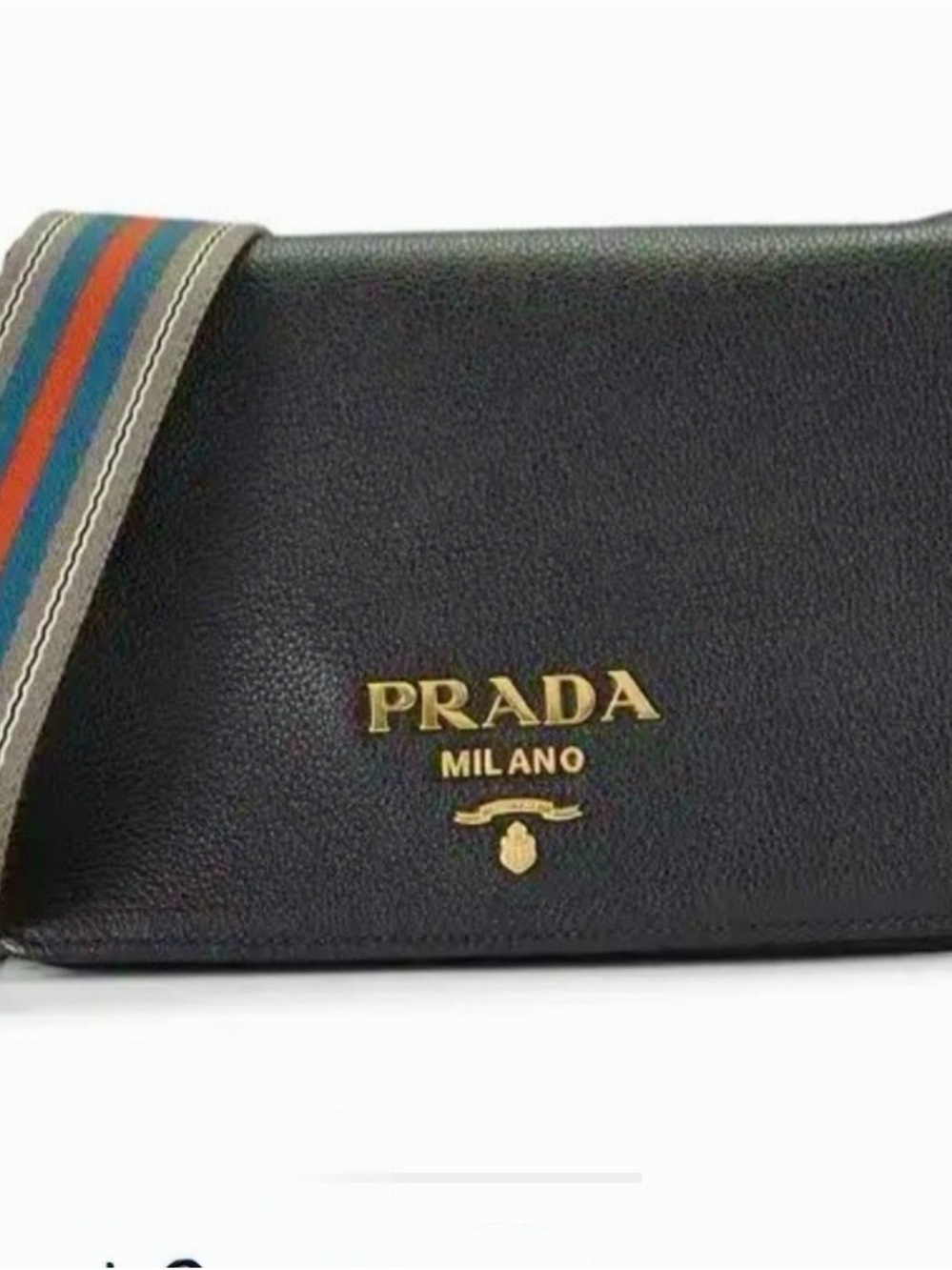 Prada Black Leather Messenger Bag with Multicolor Striped Strap